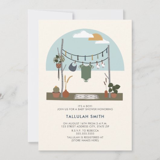 Retro 70s Macrame Planten Clothesline Baby shower Kaart (Voorkant)