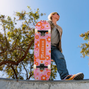 Retro 70s Madeliefje Oranje Roze Naam Persoonlijk Skateboard