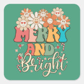 Retro 70's Merry en Bright Happy Flowers Vierkante Sticker (Voorkant)