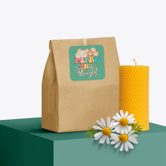 Retro 70's Merry en Bright Happy Flowers Vierkante Sticker