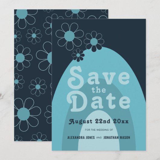 Retro 70s Mid Century moderne blauwe bruiloft Save The Date (Voorkant / Achterkant)