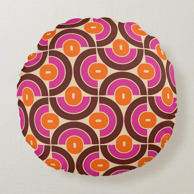 Retro 70s Mid Mod geometrisch patroon Rond Kussen (Voorkant)