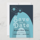 Retro 70s Midden Eeuw Modern Blauw Huwelijk Save The Date (Voorkant)