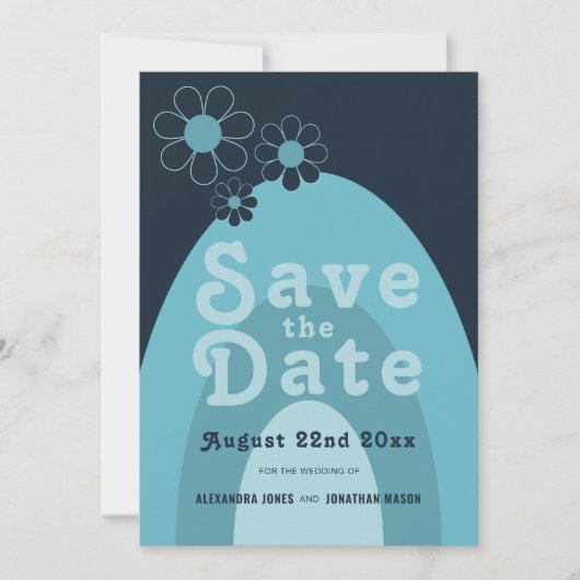 Retro 70s Midden Eeuw Modern Blauw Huwelijk Save The Date (Voorkant)