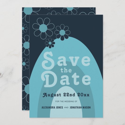 Retro 70s Midden Eeuw Modern Blauw Huwelijk Save The Date (Voorkant / Achterkant)