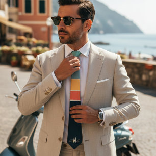 Retro 70s Mod Navy Roze Strepen Patroon Monogram Stropdas