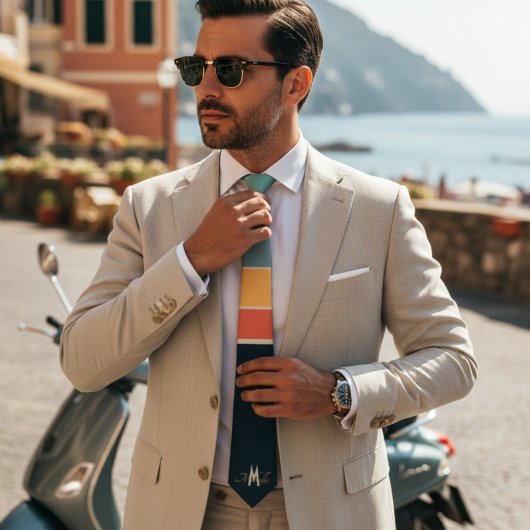 Retro 70s Mod Navy Roze Strepen Patroon Monogram Stropdas