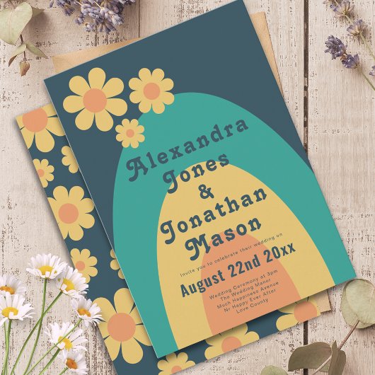 Retro 70s moderne bruiloft kaart