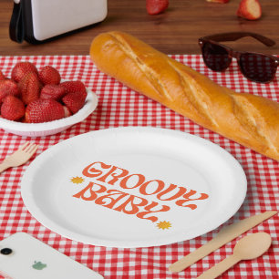 Retro 70s Mosterd Sinaasappel Hippie Groovy Baby Papieren Bordje