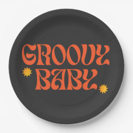 Retro 70s Mosterd Sinaasappel Zwart Hippie Groovy Papieren Bordje