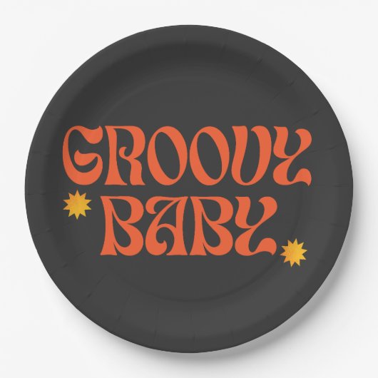 Retro 70s Mosterd Sinaasappel Zwart Hippie Groovy  Papieren Bordje (Voorkant)