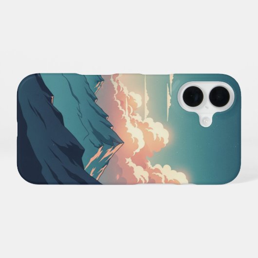 Retro 70s Mountainscape with Bright Clouds iPhone 16 Hoesje (Achterkant horizontaal)