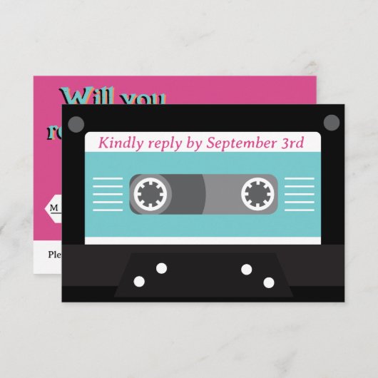 Retro 70s Music Cassettebandje Groovy Fuchsia Fun RSVP Kaartje (Voorkant / Achterkant)
