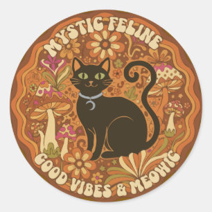 Retro 70s Mystieke Katachtige Groovy Zwarte Kat & Ronde Sticker