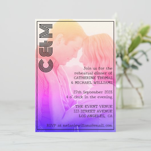 Retro 70s Naam Monogram en Foto Wedding Kaart (Staand voorkant)