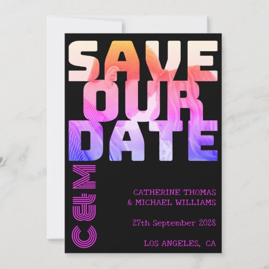 Retro 70s naam monogram en foto's bruiloft sparen save the date (Voorkant)