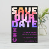 Retro 70s naam monogram en foto's bruiloft sparen save the date (Staand voorkant)