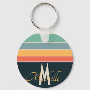 Retro 70s Navy Blauwe & Roze Strepen Aangepaste Na Sleutelhanger