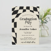 Retro 70s Navy Checkered Arch Foto Afstuderen Kaart (Staand voorkant)