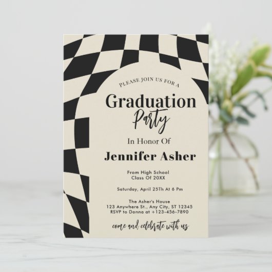 Retro 70s Navy Checkered Arch Foto Afstuderen Kaart (Staand voorkant)