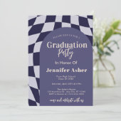 Retro 70s Navy Checkered Arch Foto Afstuderen Kaart (Staand voorkant)