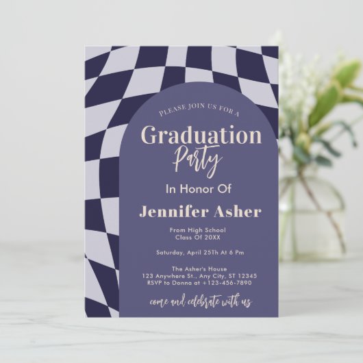 Retro 70s Navy Checkered Arch Foto Afstuderen Kaart (Staand voorkant)