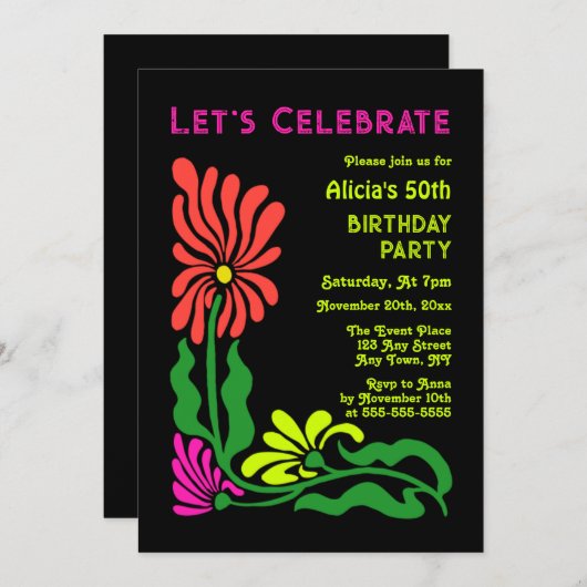 Retro 70s Neon Groovy Psychedelische Bloem Verjaar Kaart (Voorkant / Achterkant)