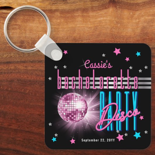Retro 70's Neon Kijk Disco Ball Bachelorette Sleutelhanger (Voorkant)
