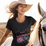 Retro 70's Neon look Disco Ball Bachelorette Party T-shirt<br><div class="desc">Maak een reis terug naar de jaren 70 en feest aan de wilde kant met deze retro discobal "Bachelorette Disco Party" ontwerp in roze, elektrisch blauw en inclusief roze en zilveren toontekst met roze, blauw en zilveren toonsterren (niet folie) - allemaal op een zwarte achtergrond. Merk op dat de naam...</div>
