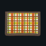Retro 70s Oranje geel speldenstaart Drievoud Portemonnee<br><div class="desc">Dit funky, originele 70s-geïnspireerde ontwerp is gemaakt om als grove 1970 of eind jaren '60 gelid te zien in tinten van oranje, goudgeel, mos groen en rood-bruin op wit. Het naadloze ingecheckte patroon is enigszins onderdrukt, zodat het lijkt alsof het is geschilderd. Dit is een koel, ouderwetse vormgeving. "Pas het"aan...</div>