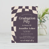 Retro 70s Paarse geruite boog foto Afstuderen Kaart (Staand voorkant)