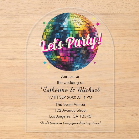 Retro 70's Party Disco Ball Sparkle Glam Wedding Acryl Uitnodigingen (Voorkant)