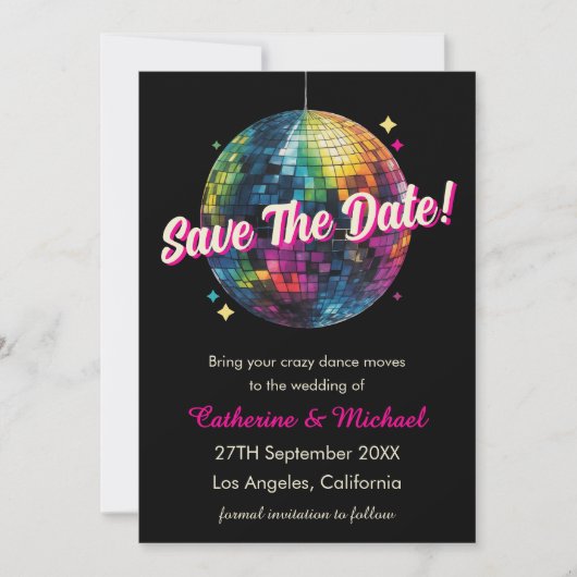Retro 70's Party Disco Ball Sparkle Glam Wedding Save The Date (Voorkant)