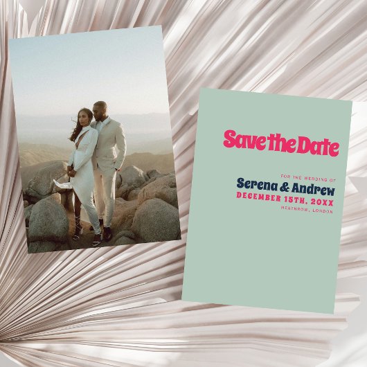 Retro 70s Pastel Blauw Roze Groovy Typografie Foto Save The Date