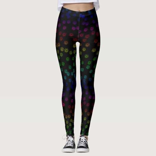Retro 70s Pastel Rainbow Bloemenprint op zwart Leggings (Voorkant)