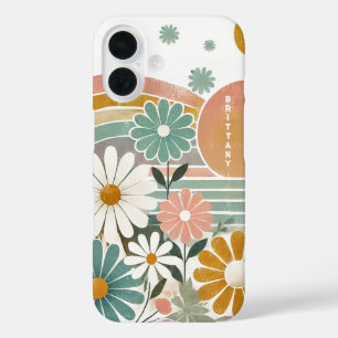Retro 70s Pastel Waterverf Bloemen gepersonaliseer iPhone 16 Hoesje