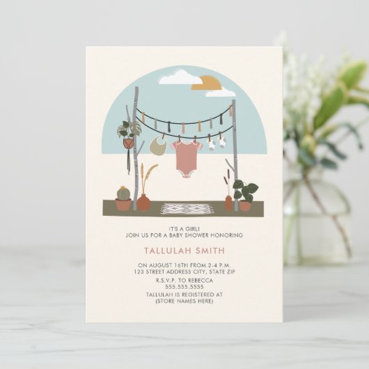 Retro 70s Planten Waslijn Baby Shower Meisje Kaart (Staand voorkant)