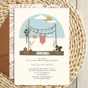 Retro 70s Planten Waslijn Baby Shower Meisje Kaart