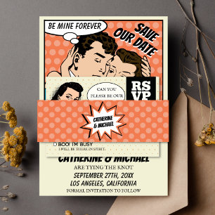 Retro 70's Pop Kunst Stripboek Bruiloft Sinaasappe Uitnodigingen Wikkel