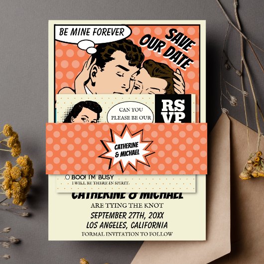 Retro 70's Pop Kunst Stripboek Bruiloft Sinaasappe Uitnodigingen Wikkel