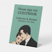 Retro 70's Pop Kunst Stripboek Romantische bruilof Reclamebord Met Voetstuk (Voorkant)