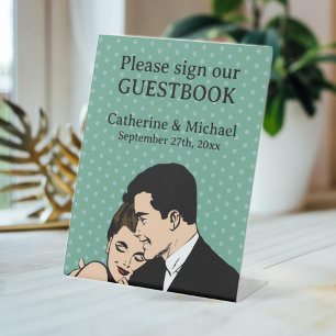 Retro 70's Pop Kunst Stripboek Romantische bruilof Reclamebord Met Voetstuk