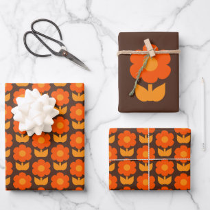 Retro 70s Primrose Vloerpatroon Oranje & bruin Inpakpapier Vel