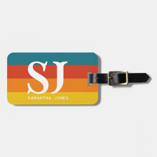 Retro 70s Rainbow Bold Stripes Initialen Monogram Bagagelabel (Voorkant horizontaal)