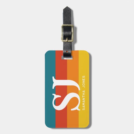 Retro 70s Rainbow Bold Stripes Initialen Monogram Bagagelabel (Voorkant verticaal)