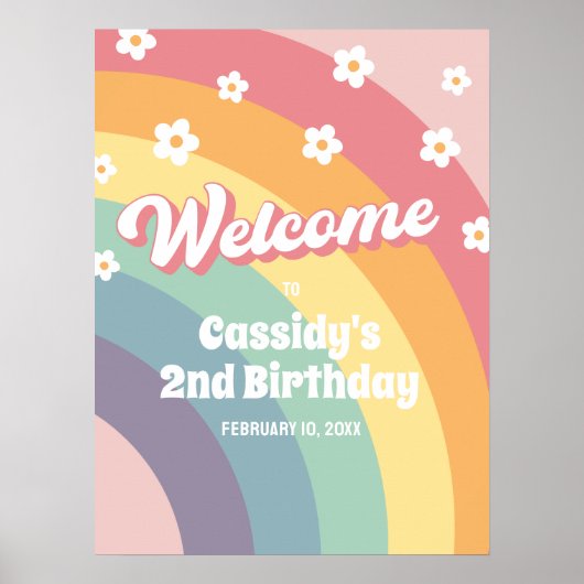 Retro 70s Rainbow Daisy Verjaardag Welkom Teken Poster (Voorkant)