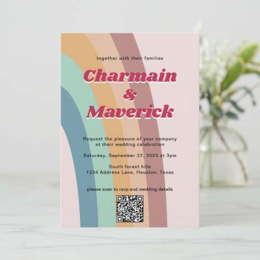 Retro 70's Rainbow Foto Bruiloft Kaart (Staand voorkant)