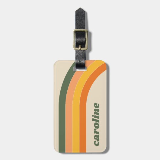 Retro 70s Rainbow Green Sinaasappel Gepersonalisee Bagagelabel (Voorkant verticaal)