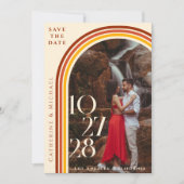 Retro 70s Rainbow Groovy Arch Foto Save The Date (Voorkant)