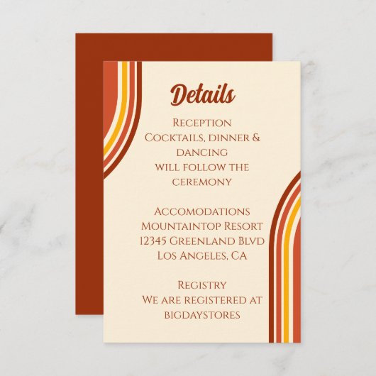 Retro 70s Rainbow Groovy Arch Wedding Details Informatiekaartje (Voorkant / Achterkant)